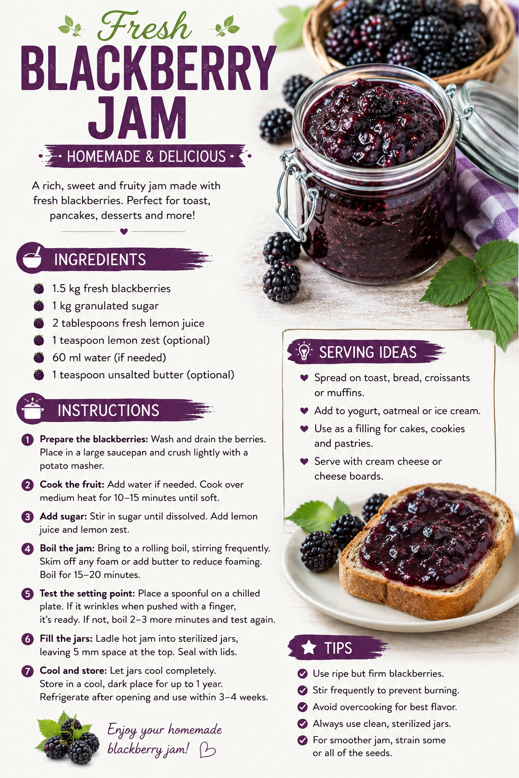 resh Blackberry Jam – A glass jar of homemade fresh blackberry jam surrounded by ripe blackberries, served with a slice of toast topped with blackberry jam on a rustic wooden table. The recipe card displays ingredients, step-by-step instructions, serving suggestions, and cooking tips in a clean, elegant design.