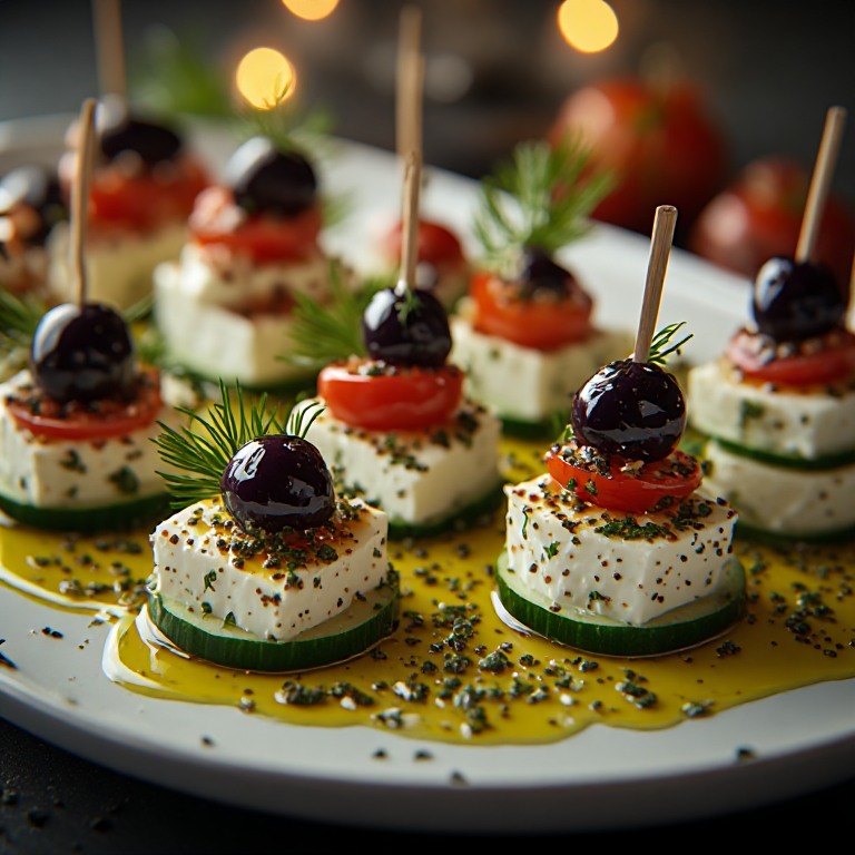 "A platter of Greek Feta & Cucumber Bite Skewers made with crisp cucumber slices, creamy feta cheese cubes, cherry tomatoes, Kalamata olives, and fresh basil leaves, drizzled with extra virgin olive oil and oregano. A colorful Mediterranean appetizer served on wooden cocktail skewers, fresh, healthy, and perfect for parties or summer gatherings."