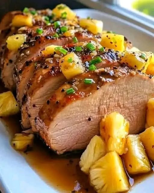 A close-up shot of juicy, sliced Slow Cooker Pineapple Pork Loin medallions arranged on a serving platter, topped with warm pineapple chunks and a glossy, sweet and savory glaze, served next to a bed of steaming white rice.