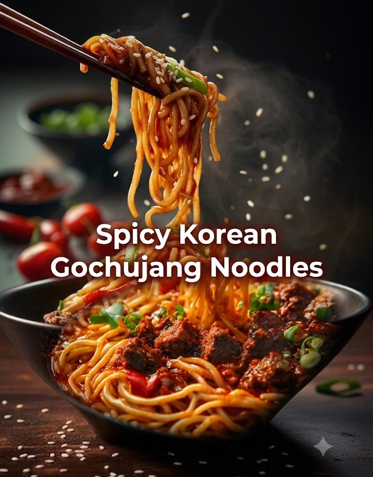 Ingredients for making Spicy Korean Gochujang Noodles, including Korean chili paste, soy sauce, garlic, and fresh green onions.