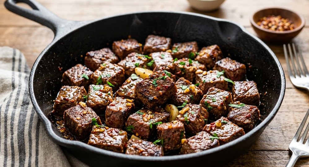 A cast-iron skillet filled with perfectly seared spicy garlic butter steak bites, garnished with red pepper flakes and chopped parsley on a wooden table.