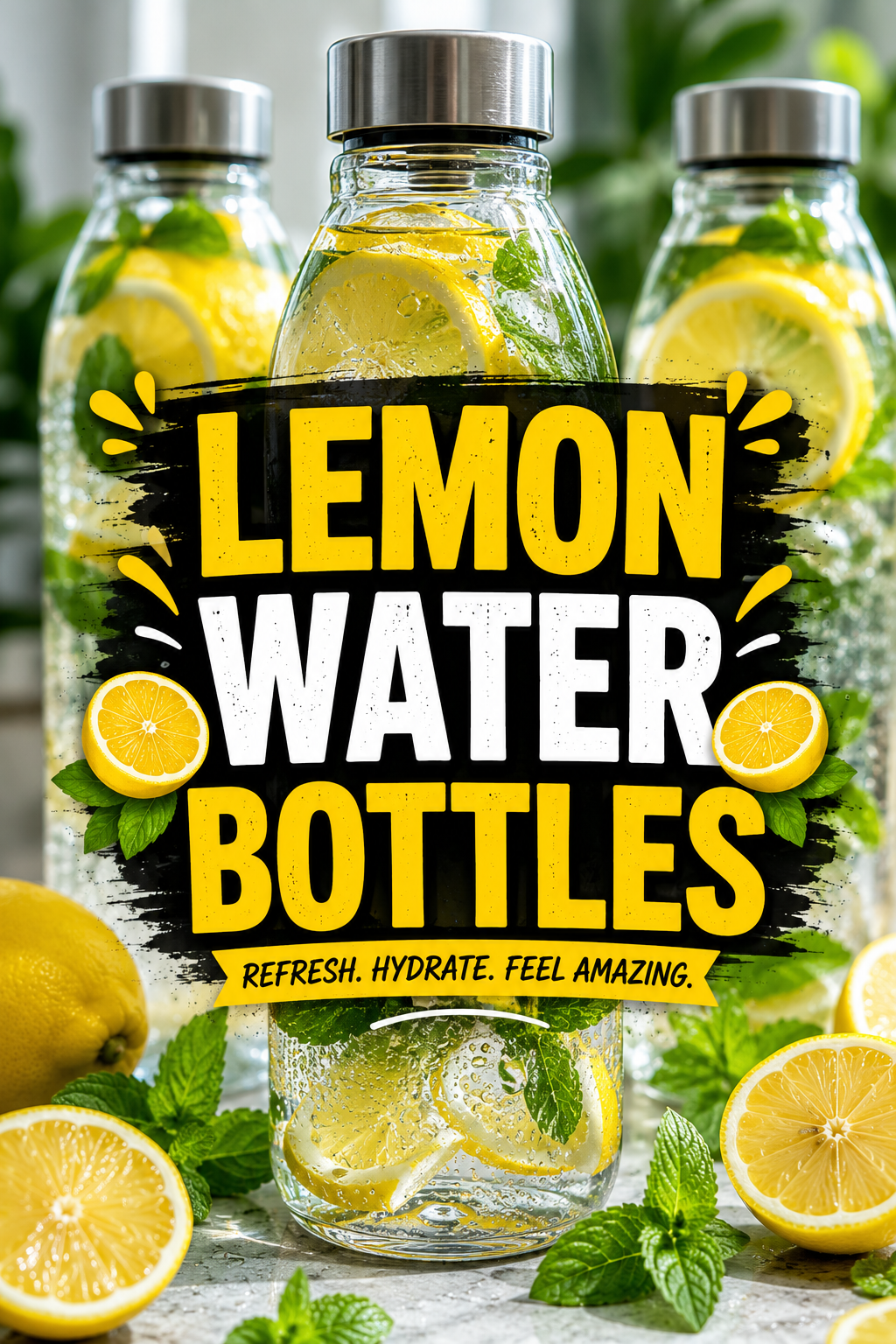 Alt Text: A refreshing glass bottle of fresh lemon water filled with sliced lemons, ice cubes, and mint leaves on a bright kitchen counter. Alt Text: Top-down view of ingredients for lemon water recipe with fresh whole organic lemons, sliced lemons, and a pitcher of filtered water. Alt Text: Squeezing fresh lemon juice into a clear water bottle to prepare a healthy detox drink.